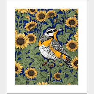 Western Meadowlark Bird Surrounded By Sunflowers Posters and Art